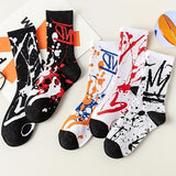 5 Pairs Men's Artistic Splash Ink Graffiti Crew Socks - Cotton Blend, Vibrant Geometric Patterns, Comfortable & Stylish for Hip-Hop, Skateboarding & Sports, Funky Socks