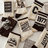 5 Pairs Men'S Trendy Mid-Calf Socks - Retro American Style, Comfortable Sweat-Wicking & Breathable, Polyester Blend, Hand Washable, Professional Dry Cleanable, Knit Fabric, 200 g/m², Sports Socks | Geometric Pattern Socks | Knit Texture Socks, Sweat-Resi