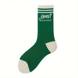 5 Pairs Women's Cotton Ankle Socks - Green & Striped with "CARES?" Letter Design, Soft Breathable Socks for Home & Outdoor, Casual Loungewear, Cotton Socks, Playful Design, Soft Texture