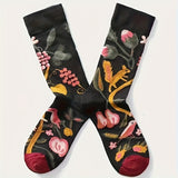 3 Pairs Artistic Oil Painting Print Socks - Creative Fashion Mid-Calf Socks with Unique Designs (Mona Lisa, Floral & Bird Motifs) - Unisex Couple Socks for Women & Men - Hand Wash Only, Novelty Socks