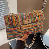 New Trend Fashion Women Single Shoulder Bag, Colorful Striped Pattern, Bohemian Style Multi-Compartment Woven Straw with Chain Strap, Cross-Body Bag, Favorite Classic Square Handbag, Summer Vacation Beach Bag, Crazy Bag