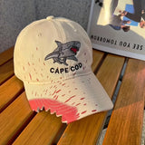 [Distressed Shark Cap] Breathable Cotton Cape Code Shark Baseball Cap - Distressed Design with Shark Logo, Perfect for Couples Traveling or Casual Outings