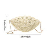 Sac à bandoulière en forme d'éventail et coquille creuse, fabriqué à la main avec chaîne de perles - Pochette en tissu beige, fermeture éclair, motif rayé, idéal pour la plage et les sorties décontractées