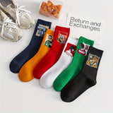 6 Pairs of Unisex Mid-Tube Socks – Trendy Hip Hop Street Style with Bold Graphic Designs (Navy Blue, Yellow, Red, White, Green, Black) for Men & Women, Perfect for Basketball, Casual Wear, and Everyday Comfort