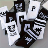10-Pack Unisex Mid-Calf Socks with Graffiti Comfort Breathable Cotton Blend, Striped Knit Fabric with Elastic Cuff - Cotton 98%, Polyester 2%, Handwash/Dry Clean Safe