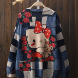Valentine's Day Sanrio Cartoon Geometric Pattern Mink Pullover, Casual Round Neck Long Sleeve Top for Women