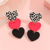 1 Pair of Women'S Dangling Earrings, Three-Piece Heart-Shaped Leopard Print, Rose Red And Black Mixed Earrings, Clay Texture, Retro And Elegant, Suitable for Daily Versatile Parties And Dates, Valentine'S Day Gifts