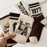 5 Pairs Men'S Trendy Mid-Calf Socks - Retro American Style, Comfortable Sweat-Wicking & Breathable, Polyester Blend, Hand Washable, Professional Dry Cleanable, Knit Fabric, 200 g/m², Sports Socks | Geometric Pattern Socks | Knit Texture Socks, Sweat-Resi