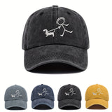 1pc Unisex Embroidered Dog Walking Baseball Cap, Adjustable Polyester Hat for Couples, Lightweight Sun Protection for Outdoor Fishing, Casual Skateboarding, Golf Sports, Valentine'S, Mother'S Day, Football Gift - Black Suitable for Men And