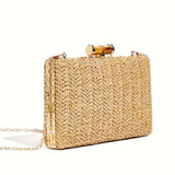 Clutch en Forme de Bambou à Tissage d'Herbe avec Fil Doré Scintillant pour Femmes, Chaîne Métallique Détachable et Bandoulière Crossbody, Idéal pour Vacances, Voyages, Plage, Pique-niques, Fêtes Extérieures, Mariages Thématiques, Cadeaux de Vacances