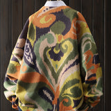 [Valentine Knit Pullover] Valentine's Day Graffiti Mixed Heart Pattern Women's Casual Round Neck Long Sleeve Knit Pullover Top