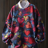 [Heart-Shaped Retro Knit Pullover] Valentine's Day Heart-Shaped Retro Pattern Knit Pullover - Red, Pink, Blue, And Yellow Casual Round Neck Long Sleeve Top - Women's Clothing